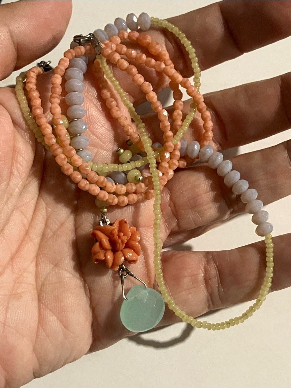Double-Strand Coral Flower and Mint Pendant Necklace - Pastel Beads - Picture 7 of 8